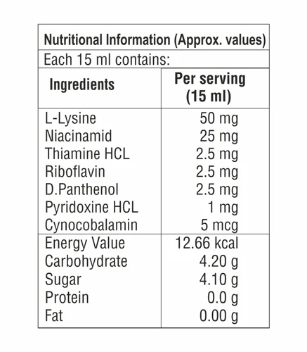 L- Lysine Multivitamin Multimineral And Syrup supplement facts