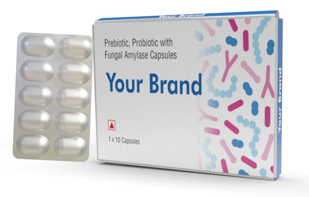 Prebiotic And Probiotic with fungal Amylase Capsules packaging
